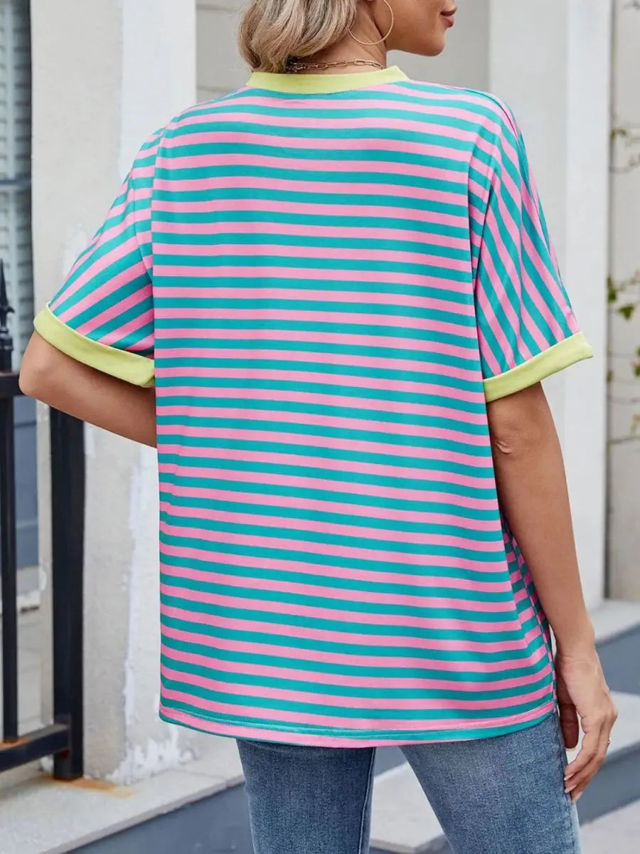 Stylish Striped Round Neck Half Sleeve T-Shirt for Women - Love Salve